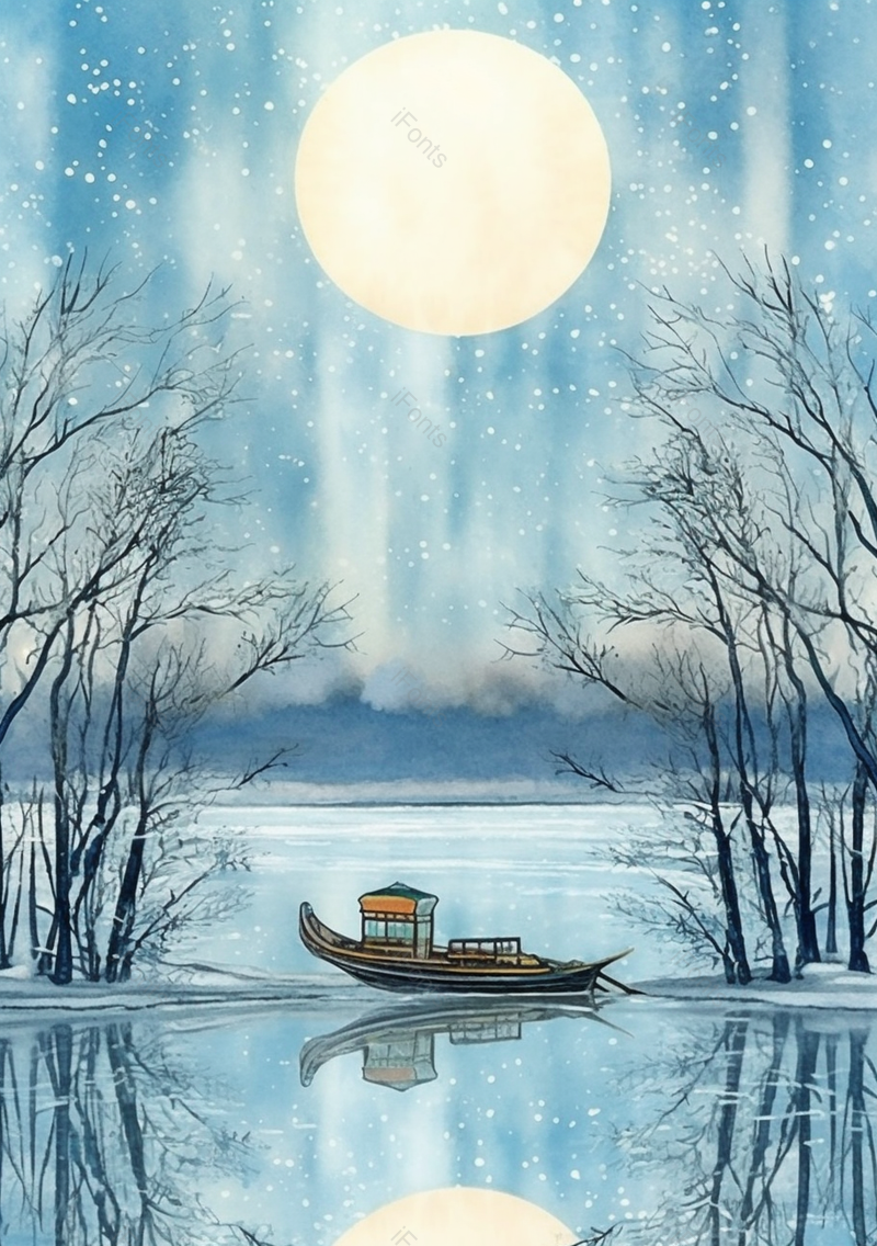 中国风冬日海上明月泛舟手绘插画,插画/手绘图,插画/手绘图库,插画/手绘图下载,插画/手绘